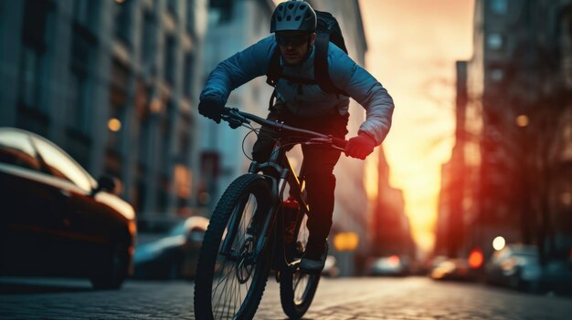 Ai generative image of food delivery man riding a bicycle on a city street with a large backpack on sunset