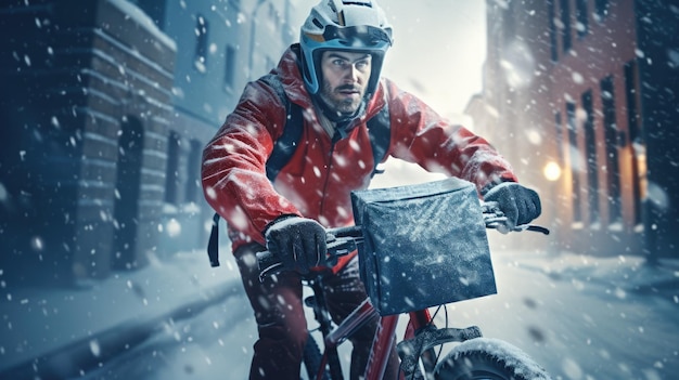 Генеративный образ доставщика еды, едущего на велосипеде по городской улице с большим рюкзаком зимой во время снегопада
