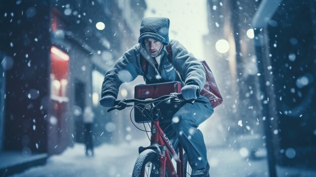 Ai generative image of food delivery man riding a bicycle on a city street with a large backpack in winter in snowfall