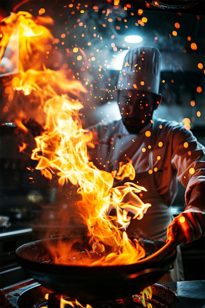 Foto un'immagine generativa di ai di un cuoco a bassa luce che cucina in cucina con una grande fiamma dal calderone