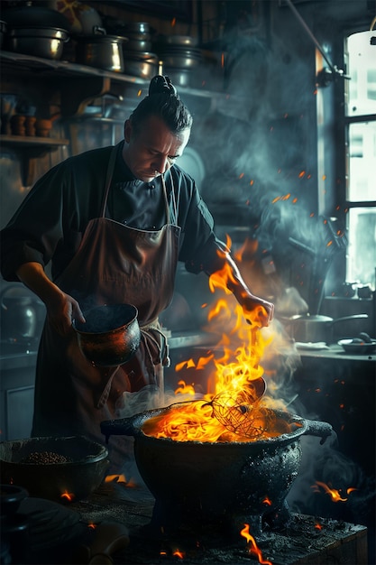 Foto un'immagine generativa di ai di un cuoco a bassa luce che cucina in cucina con una grande fiamma dal calderone