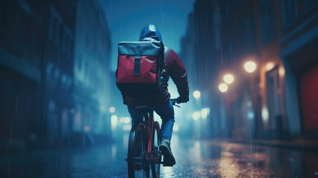 写真 雨の中大きなバックパックを背負って街の通りで自転車に乗っている食料配達の男性の生成画像