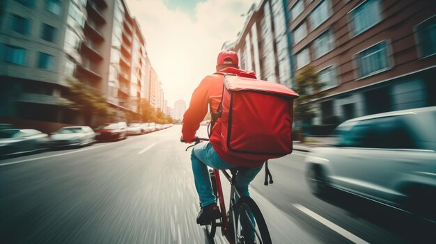 写真 夕暮れに大きなバックパックを持って街の通りで自転車に乗っている食料配達人の生成的なイメージ