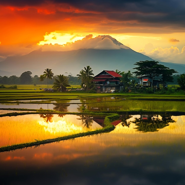 An AI generative image of paddy field and mountain landscape with some malay village insight