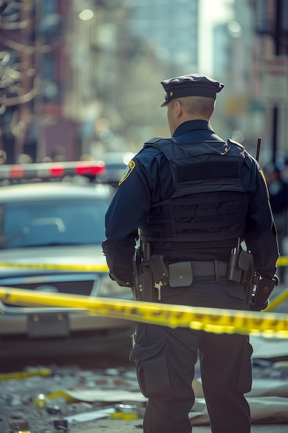 Foto un'immagine generativa di ai di un poliziotto che entra sulla scena del crimine con un nastro giallo durante il giorno