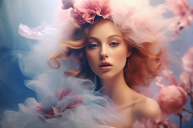 Ai generative image Pretty young lady with flowers and colored smoke