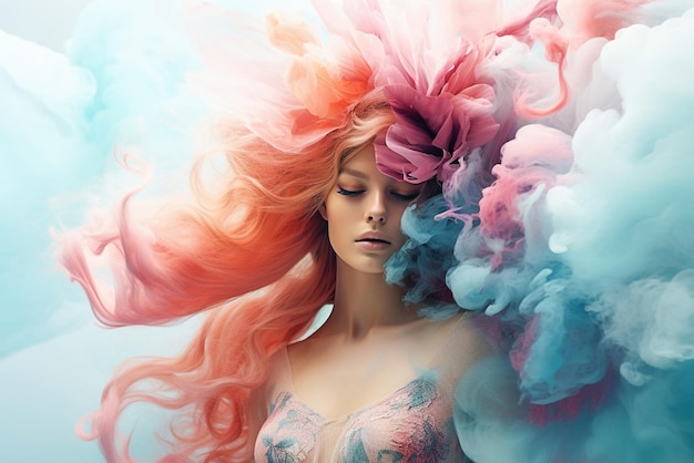 Ai generative image Pretty young lady with flowers and colored smoke