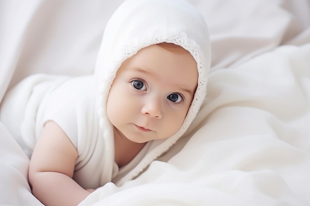 Ai generative image Sweet newborn baby lying on bed on white blanket