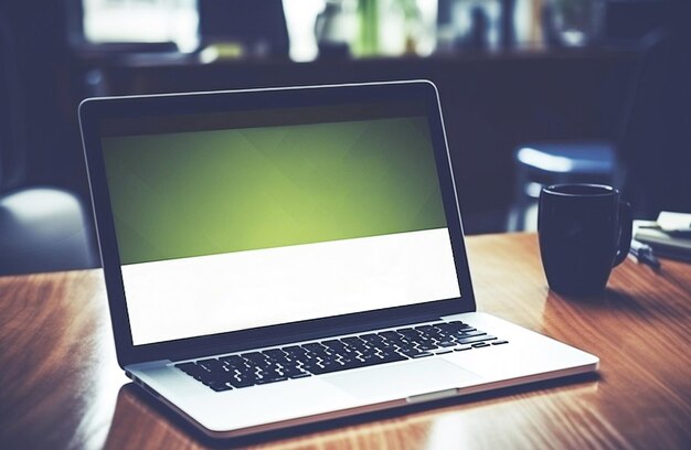 Ai generative Laptop blank screen on wood table