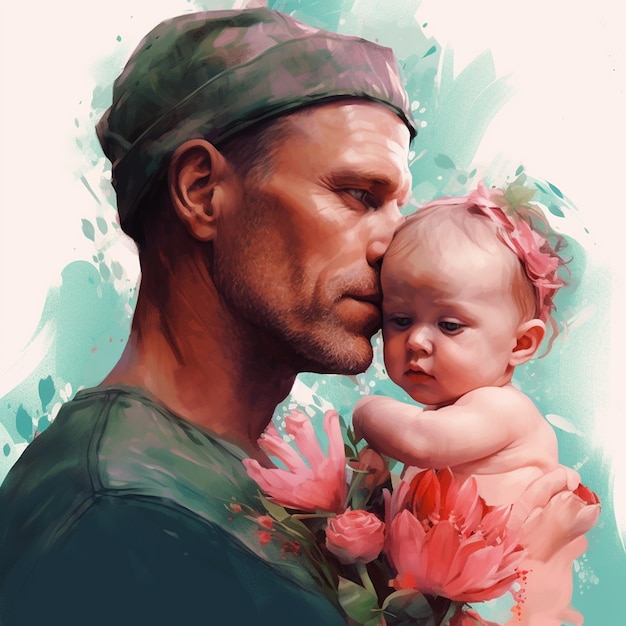 AI Generative The man carrying his baby with flowers in the background