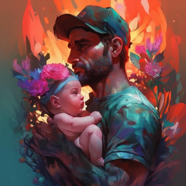 AI Generative The man carrying his baby with flowers in the background