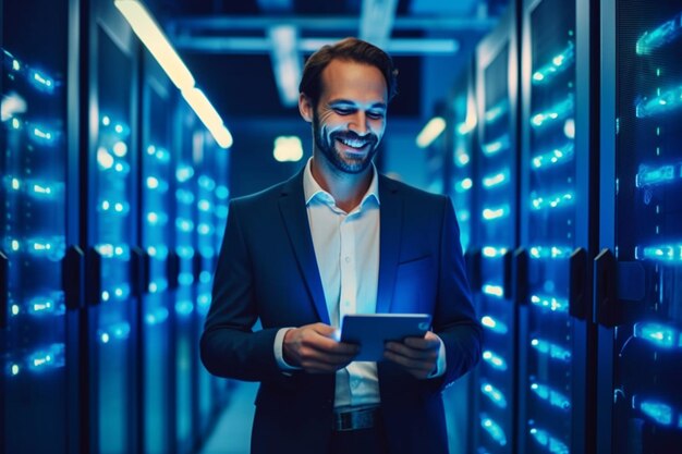 AI Generative A man entrepreneur holds a tablet smile on face that is standing in a server room