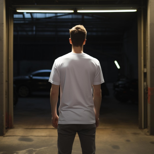 AI 生成 ガレージで後ろ向きに白い無地の T シャツを着た男性の作成に最適