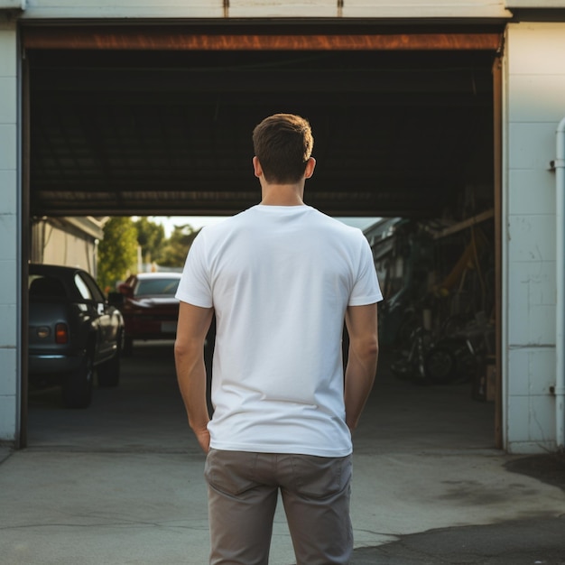 Photo ai generative a man wearing a plain white t shirt on the garage facing backwards perfect to creat