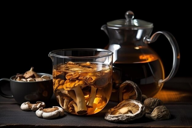 AI generative mushroom tea glass teapot with chaga mushrooms on a table