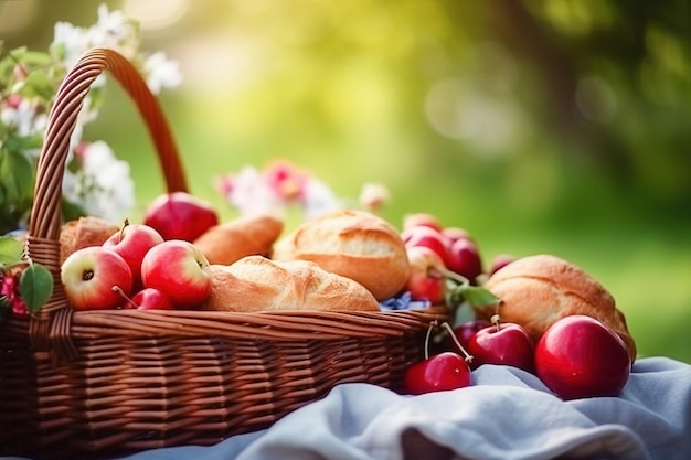 Ai generative Picnic Basket with apples and bread