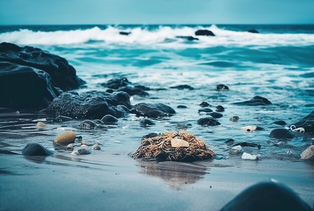 Генеративный AI Загрязнение океанской воды пластиковым мусором и мусором