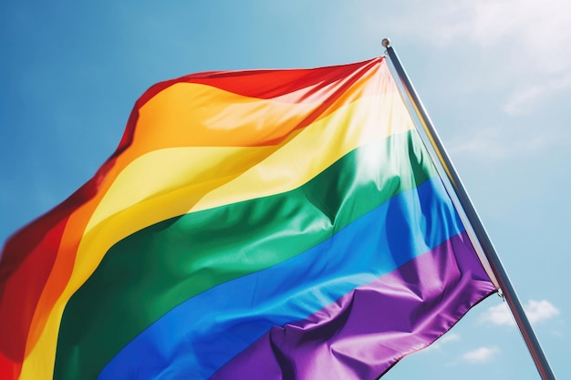ИИ генеративная радуга гордости ЛГБТ гей-флаг, размахивающийся в ветре на синем небе