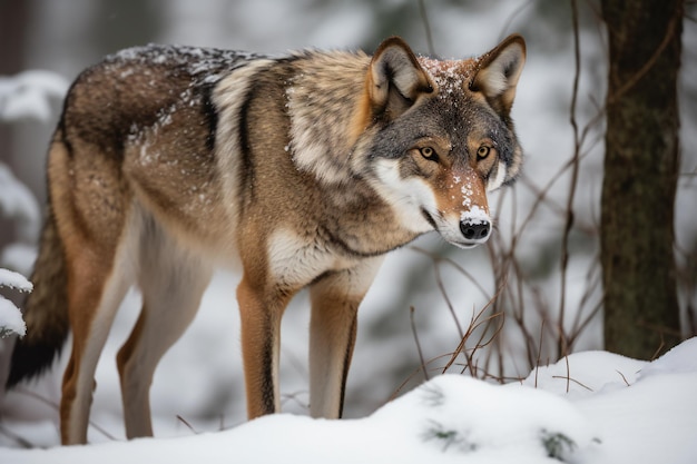 AI による絶滅危惧種のイヌ科の回復力と美しさ 雪の中でレッドオオカミの狩猟を目撃する