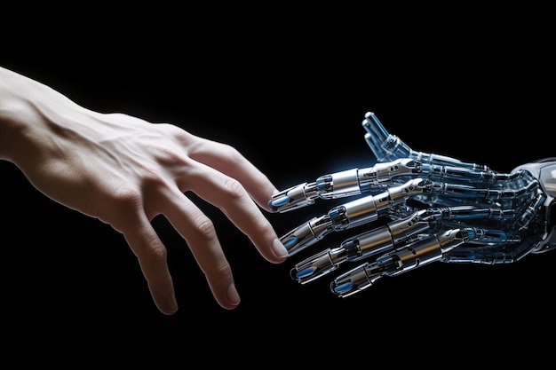 AI generative Robot and human hands touch each other