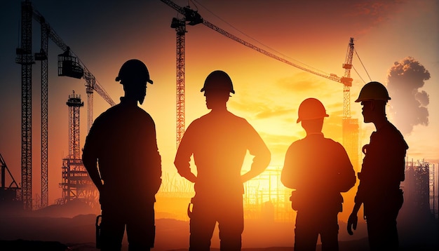 AI Generative Silhouette of engineer and construction team working on site over blurred background sunset pastel