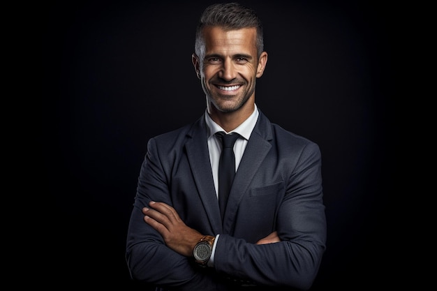 Ai generative smiling businessman on the black background with arms crossed