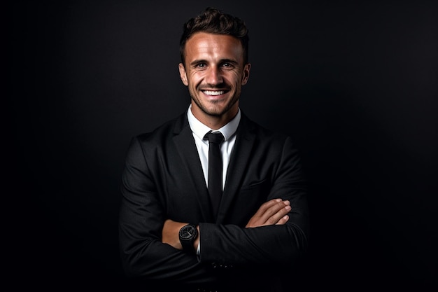 AI Generative Smiling businessman on the black background with arms crossed