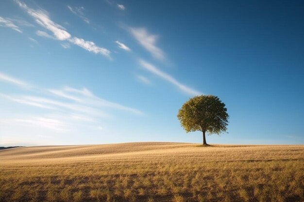 AI Generative A solitary tree standing tall in the middle under a clear blue sky