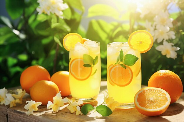 Ai generative Summer citrus lemonade in pearl glasses sunny day