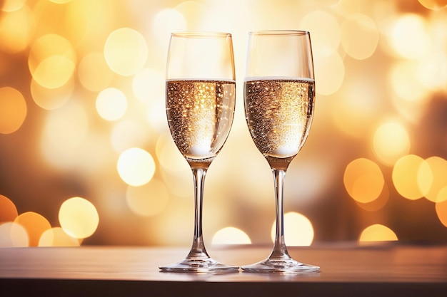 Ai generative Two champagne glasses on the table on a defocused golden bokeh background