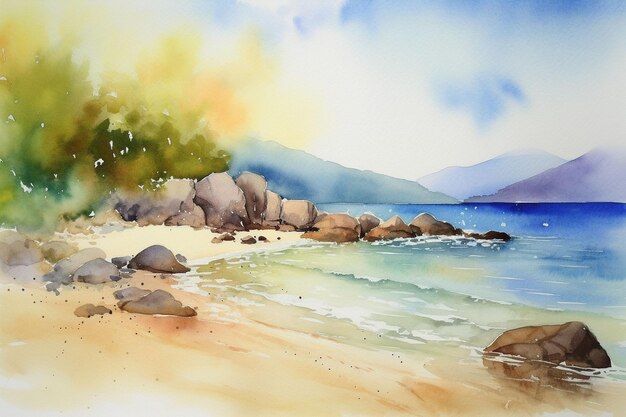 Photo ai generative watercolor landscape with sea and mountains palm and tropical beach vacation holidays