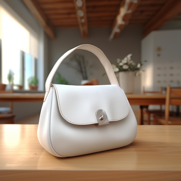 AI generative White woman bag on the wooden table perfect to create mockup preview