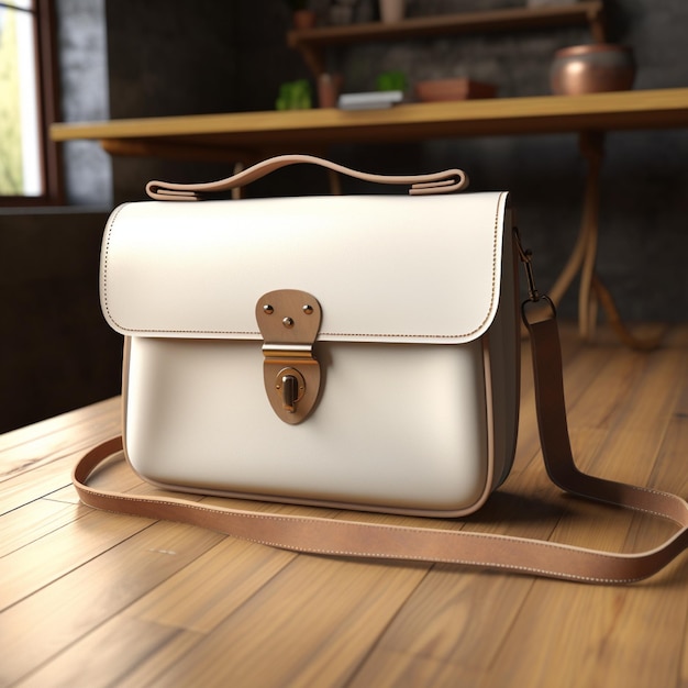 AI generative White woman bag on the wooden table perfect to create mockup preview