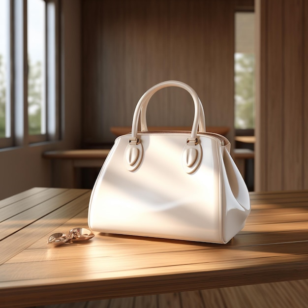 AI generative White woman bag on the wooden table perfect to create mockup preview