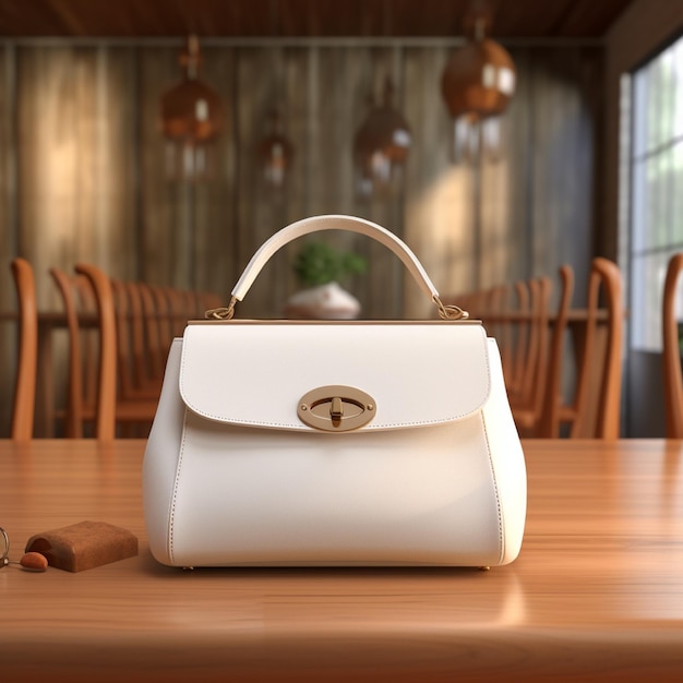 AI generative White woman bag on the wooden table perfect to create mockup preview