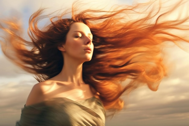 AI Generative Woman with long hair blowing in the wind