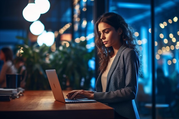 AI Generative young businesswoman using laptop in an office