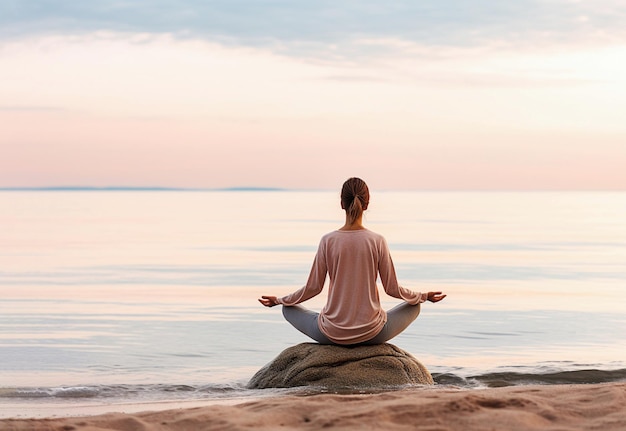 Ai generative Young woman practicing yoga at seashore back view