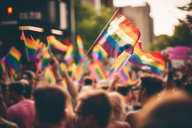 AI genereerde close-up regenboogvlaggen van de LGBT-gemeenschap die in de wind waaiden op straat van homoparade