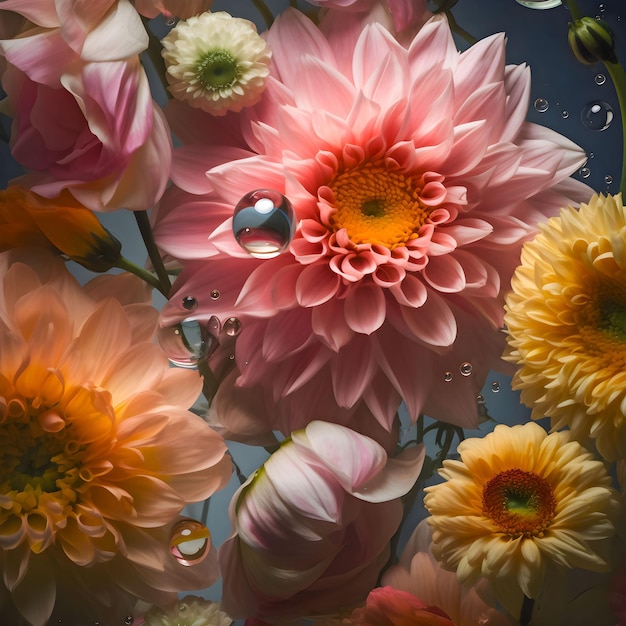 AI genereerde digitale kunst van een verscheidenheid aan bloemen die tussen bubbels in het water drijven