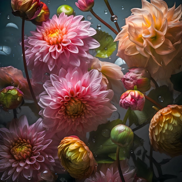 AI genereerde digitale kunst van een verscheidenheid aan bloemen die tussen bubbels in het water drijven
