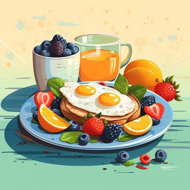 AI genereerde een afbeelding van een gezond ontbijt geserveerd op een houten tafel op de abstracte achtergrond