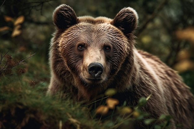 AI genereerde een afbeelding van een majestueuze bruine beer in een vredig bos