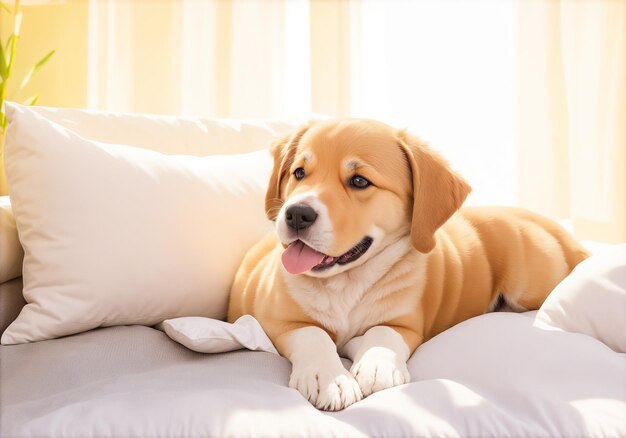 Ai genereerde een foto van een schattige puppy die op bed ligt