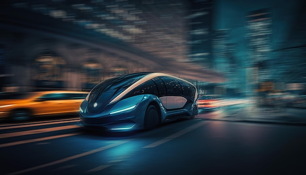 Ai genereerde een illustratie van blauwe futuristische taxibussen op de weg die in de futuristische stad rijden