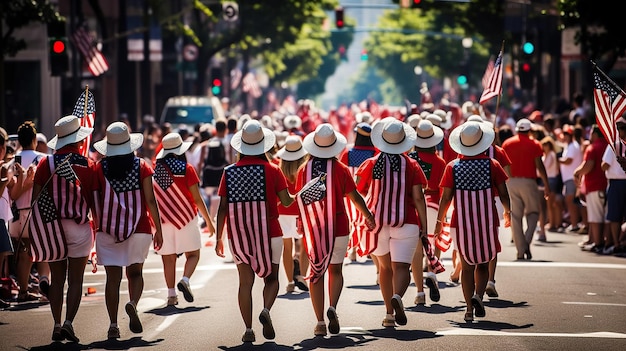 Foto ai genereerde een illustratie van een amerikaanse vlagshow door mensen op memorial day-parade, god zegene amerika