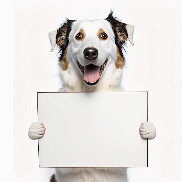 AI genereerde een illustratie van een blij lachende dierenhond die een leeg bord vasthoudt