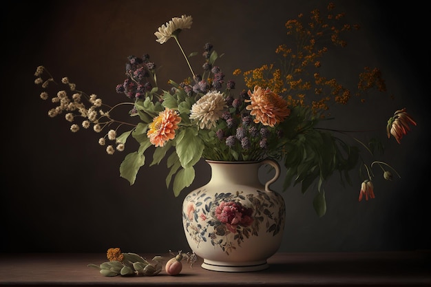 AI genereerde een illustratie van een boeket bloemen in een vaas op een donkere achtergrond
