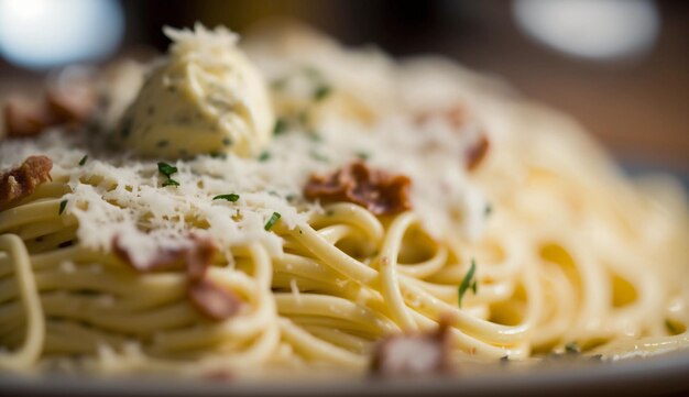 AI genereerde een illustratie van een kom spaghetti met spek en kaas op een tafelblad