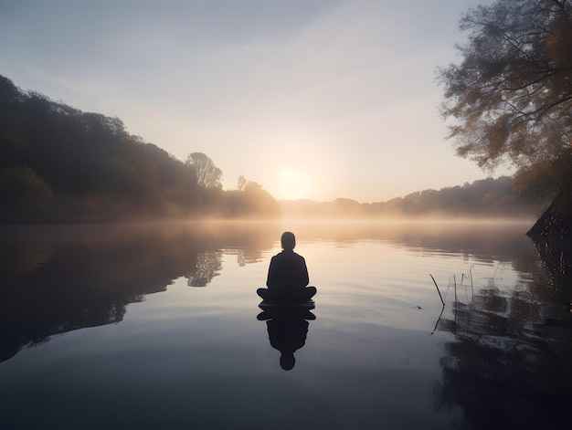 Foto ai genereerde een illustratie van een persoon aan de rand van een rustige watermassa